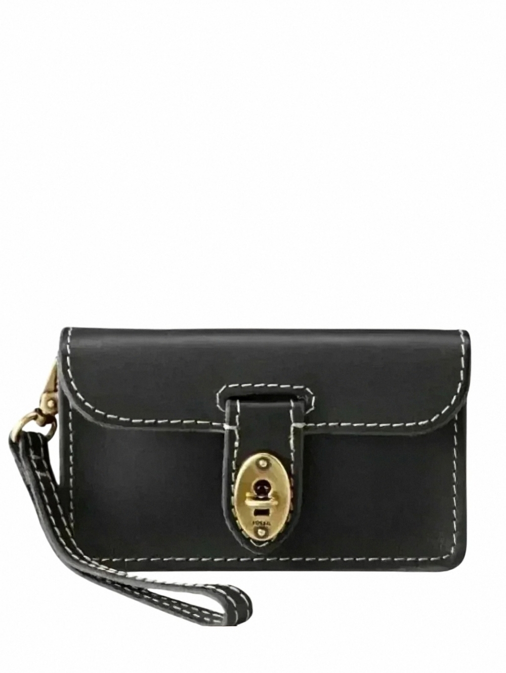 Fossil Austin Wristlet Black Leather Brass Turn Lock Vintage